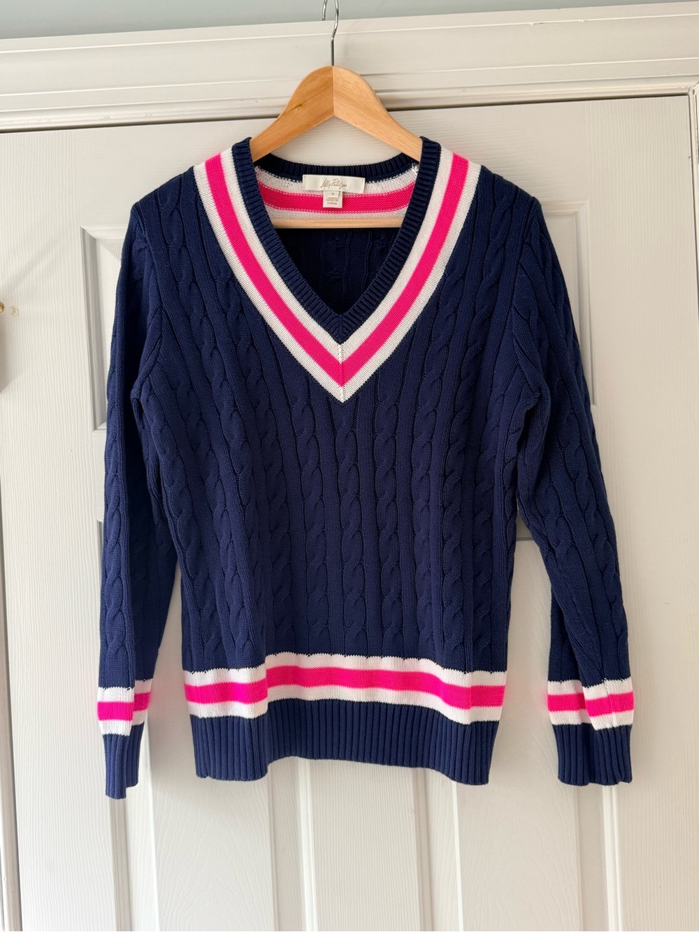 Lilly Pulitzer Brockton Sweater Navy V-Neck Cable-Knit with Pink and White Trim